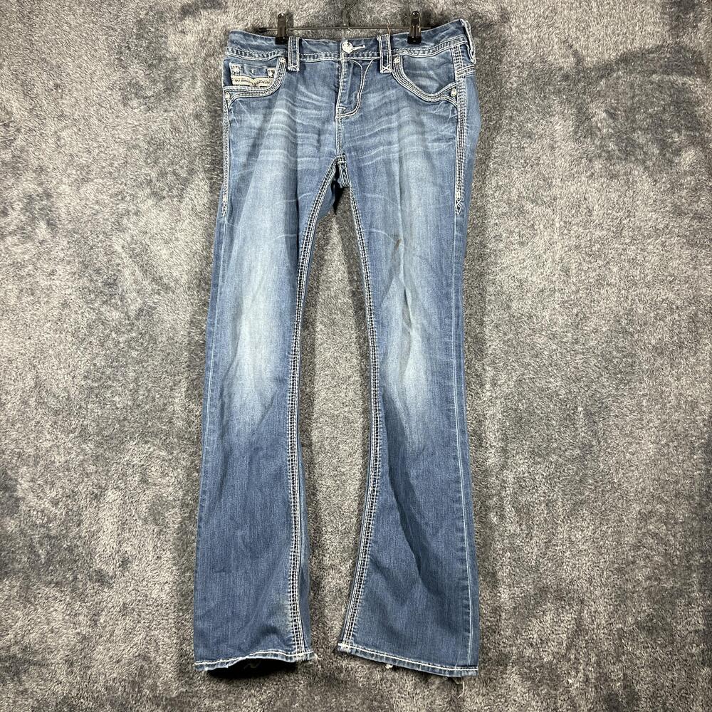 Rock Revival Jeans Womens 30 Blue Bootcut Slim Distressed Embroidered Yeon